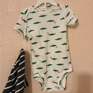 Carter's White One-Piece with Green Alligator Print with Striped Pants